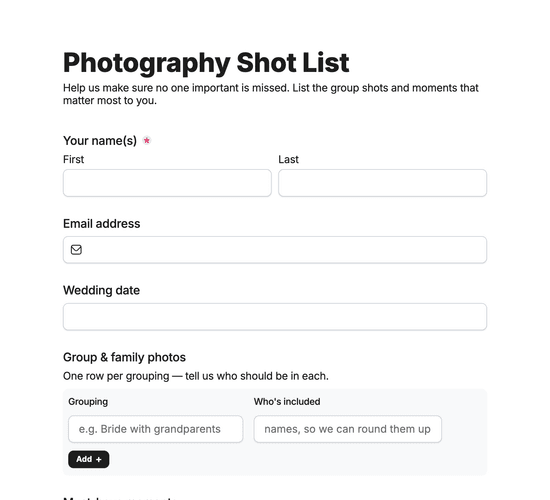 Photography Shot List Form
