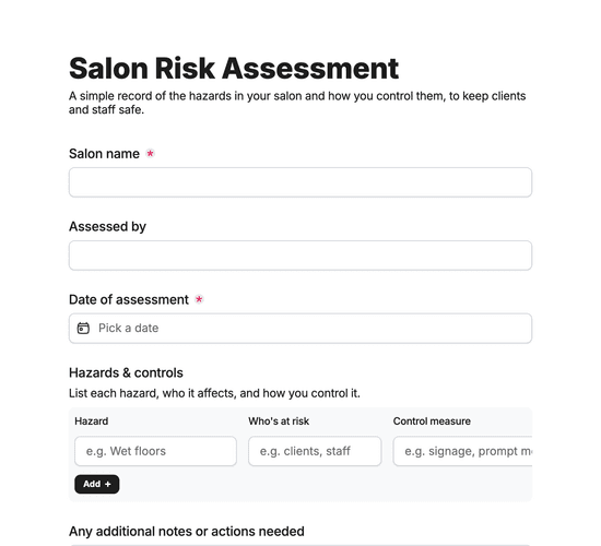 Salon Risk Assessment Form