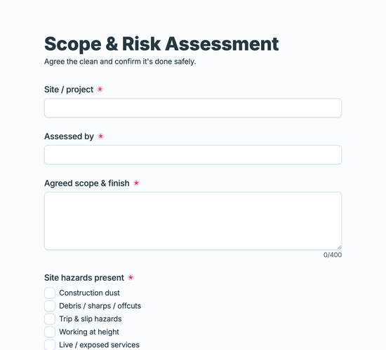 Builders Clean Scope & Risk Assessment Form