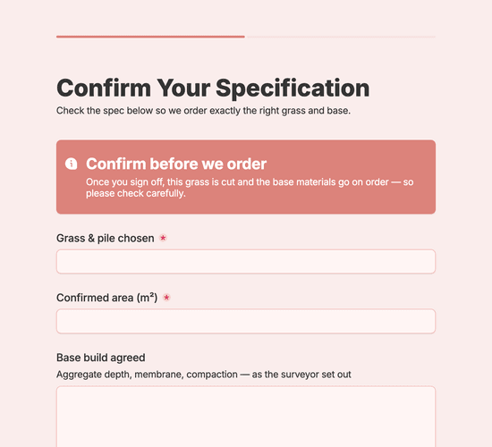 Artificial Grass Specification Confirmation Form