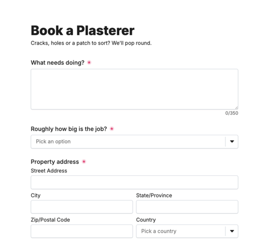 Plastering Callout Booking Form