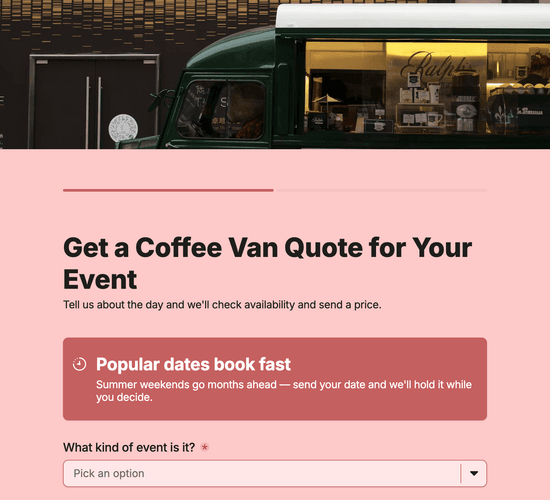 Coffee Van Event Booking Enquiry Form