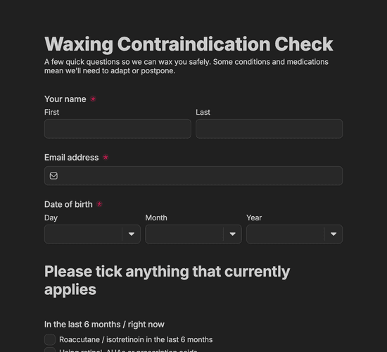 Waxing Contraindication Check Form