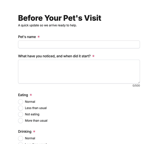 Pre-Visit Pet Health Questionnaire Form
