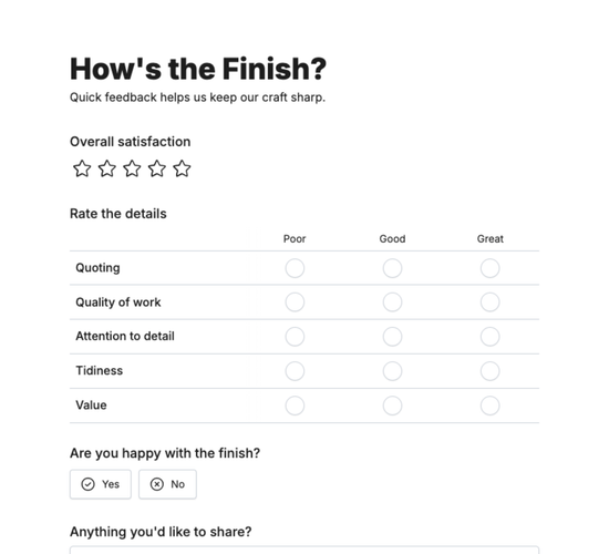 Carpentry Work Feedback Form