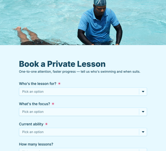 Private 1:1 Swim Lesson Booking Form