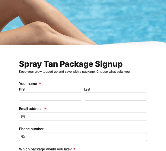 Spray Tan Package Signup Form