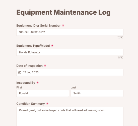 Equipment Maintenance Log Form