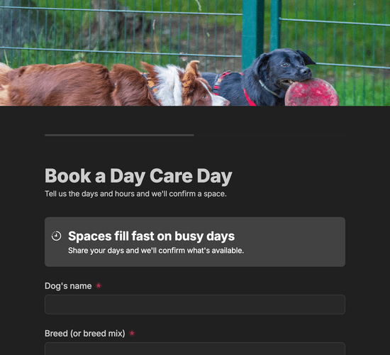 Doggy Day Care Booking Form