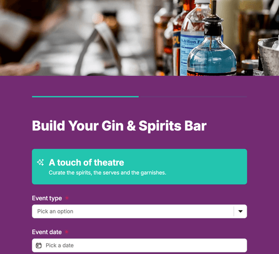 Gin & Spirits Bar Package Builder Form