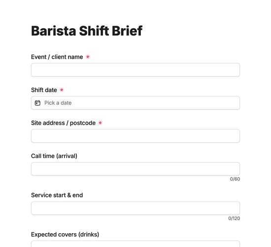 Barista Staffing & Shift Brief Form