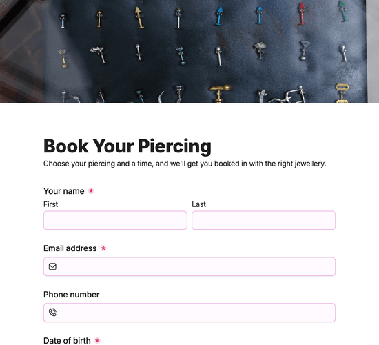 Piercing Booking Form