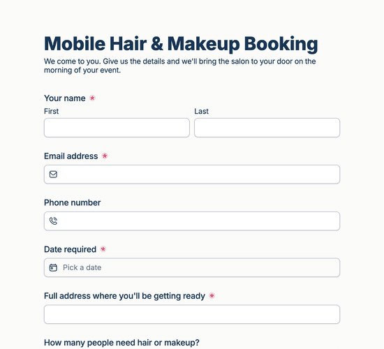 Mobile Hair & Makeup Booking Form