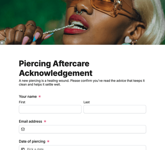 Piercing Aftercare Acknowledgement Form