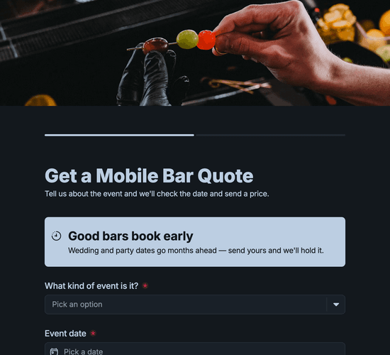 Mobile Cocktail Bar Event Booking Enquiry Form