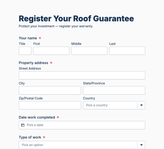 Roof Warranty Registration Form