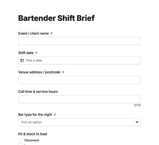 Bartender Staffing & Shift Brief Form