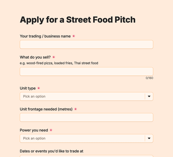 Street Food Trader Pitch Application Form