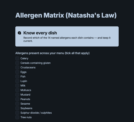 Allergen Matrix & Natasha's Law Record Form