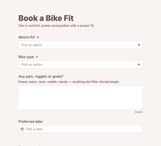 Bike Fitting Booking Form