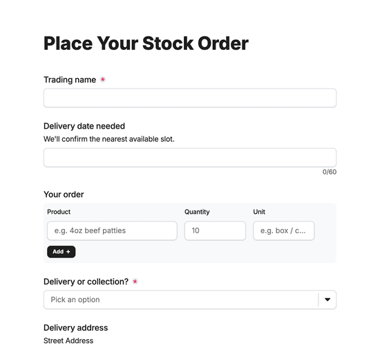Street Food Stock Order Form