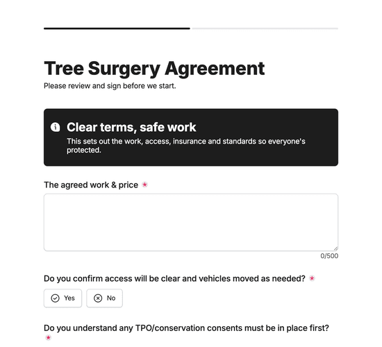 Tree Surgery Agreement & Terms Form
