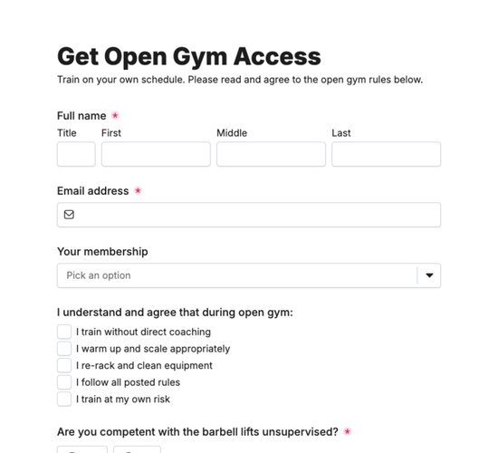 Open Gym Access Agreement & Waiver Form