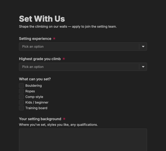 Route Setter Application Form
