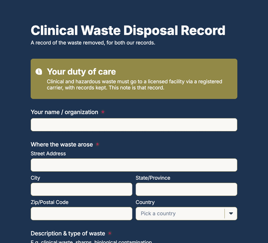 Clinical Waste Handling & Disposal Confirmation Form