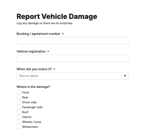 Hire Vehicle Damage Report Form
