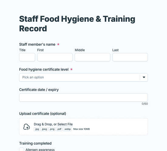 Staff Food Hygiene & Training Record Form