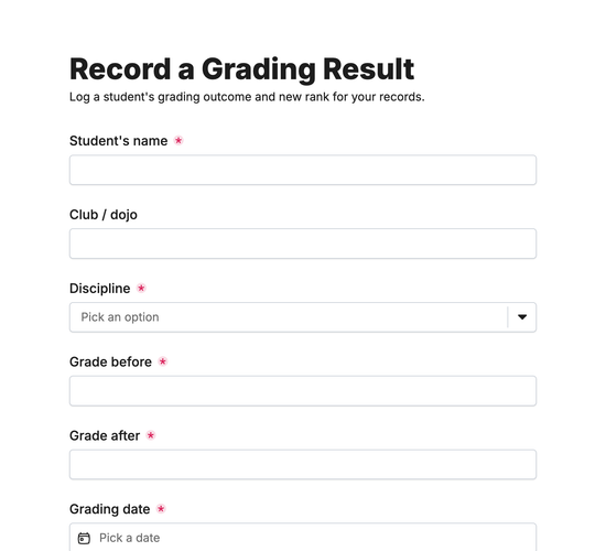 Martial Arts Grading Record Form