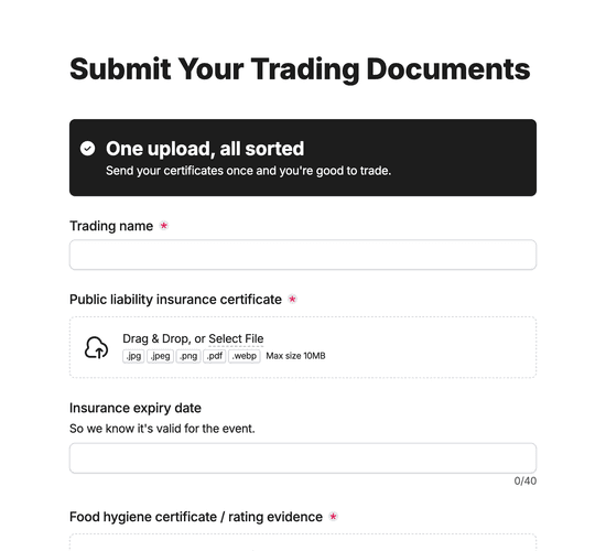 Food Trader Insurance & Certification Submission Form