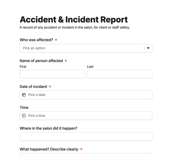 Salon Accident & Incident Report Form