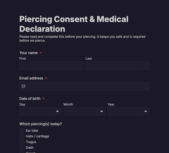 Piercing Consent & Medical Declaration Form