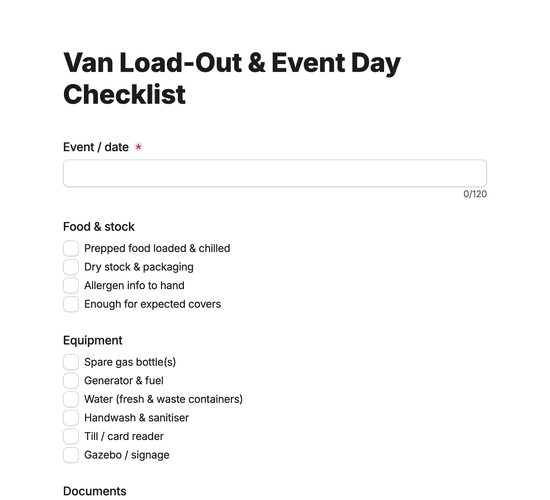 Van Load-Out & Event Day Checklist Form