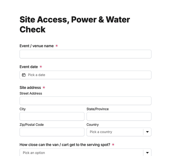 Coffee Cart Pitch, Power & Water Access Check Form