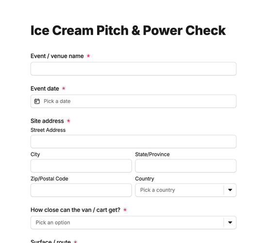 Ice Cream Pitch & Power Access Check Form