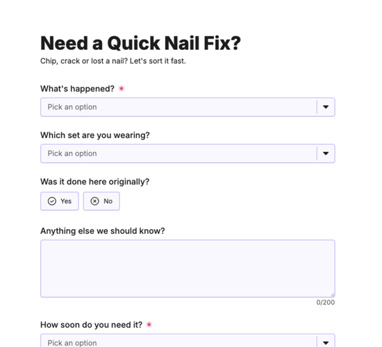 Broken Nail Repair Booking Form