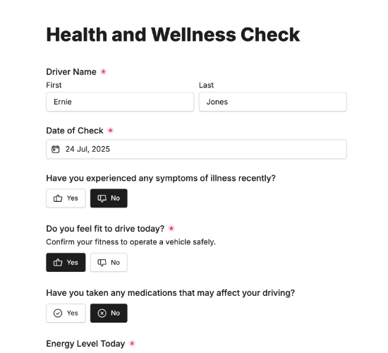 Driver Health and Wellness Check Form