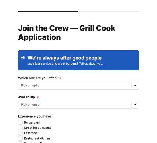 Grill Cook & Street Food Crew Application Form