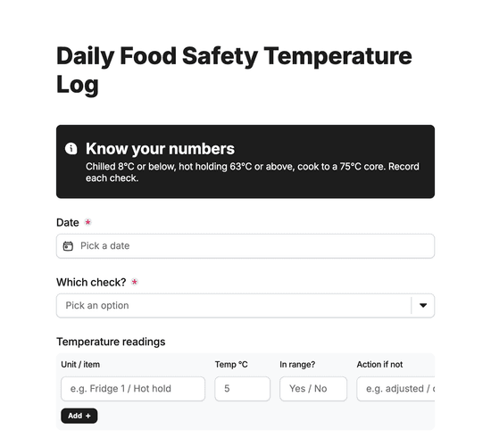 Daily Food Safety Temperature Log Form