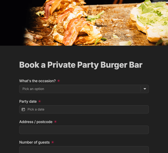 Private Party Burger Bar Booking Form