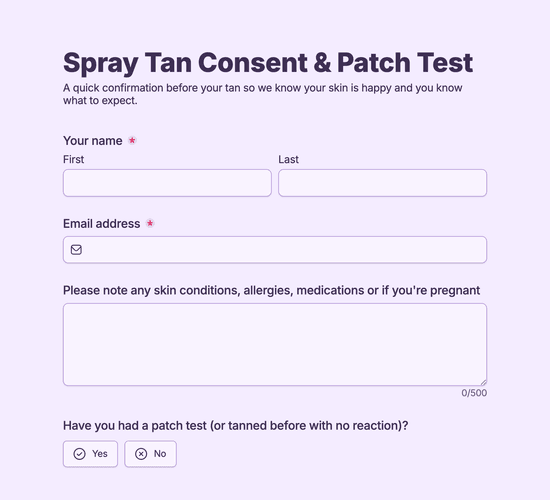 Spray Tan Consent & Patch Test Form