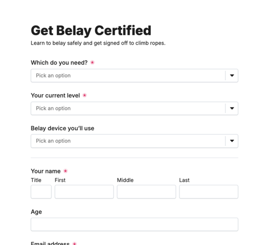 Belay Certification Course Registration Form