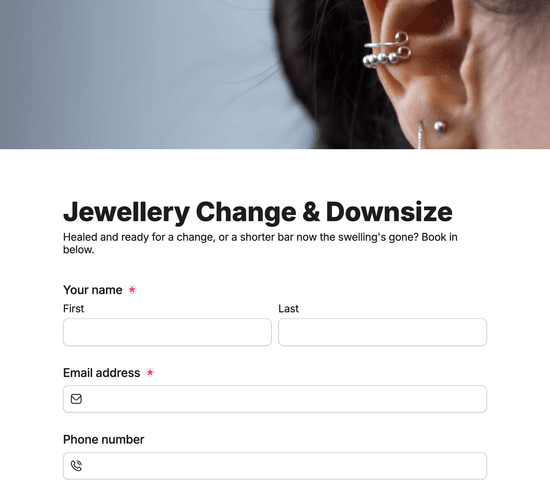 Jewellery Change & Downsize Booking Form