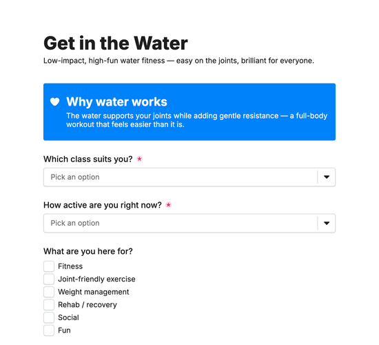 Aqua Aerobics & Water Fitness Registration Form