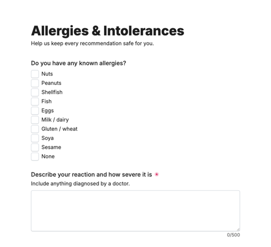 Food Intolerance & Allergy Questionnaire Form