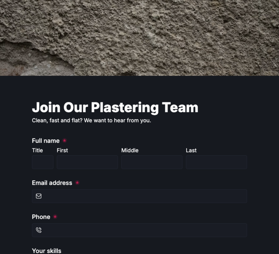 Plasterer Job Application Form