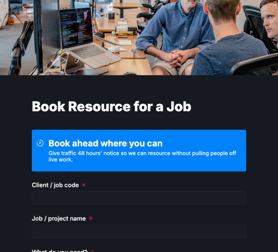 Resource & Traffic Booking Form